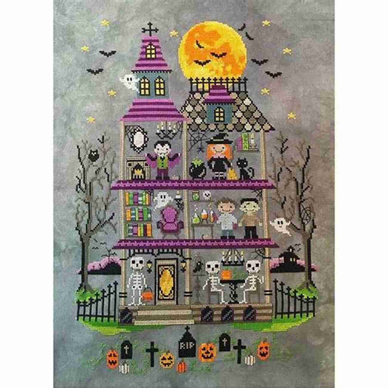 A Cross Stitch Design Of A Haunted House Surrounded By Cobwebs And Bats Cross Stitch For Halloween: 13 Spooky Designs: 13 Cross Stitch Designs Featuring A Variety Of Different Halloween Images (Caz Hoyle S Cross Stitch Designs)